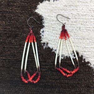 Native American Beaded Earrings with Porcupine Quills & Red Seed Beads Handmade